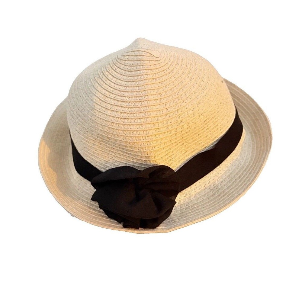 Women’s Paper Straw Sun Hat L/XL Ivory Black Bow Wide Brim Beach Resort Derby